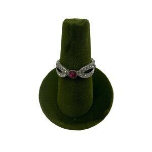 Silver Toned Stretch Ring With Ruby & Clear Stones One Size